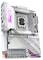 Ein weißes Motherboard mit rosa LED-Beleuchtung. Es verfügt über mehrere RAM-Steckplätze, PCIe-Steckplätze und Kühlrippen für die Wärmeableitung.