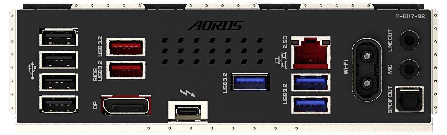 Rückseite eines Computer-Motherboards mit verschiedenen Anschlüssen: USB-Ports, Netzwerkanschluss, HDMI, Audioausgang und WLAN-Antenne.