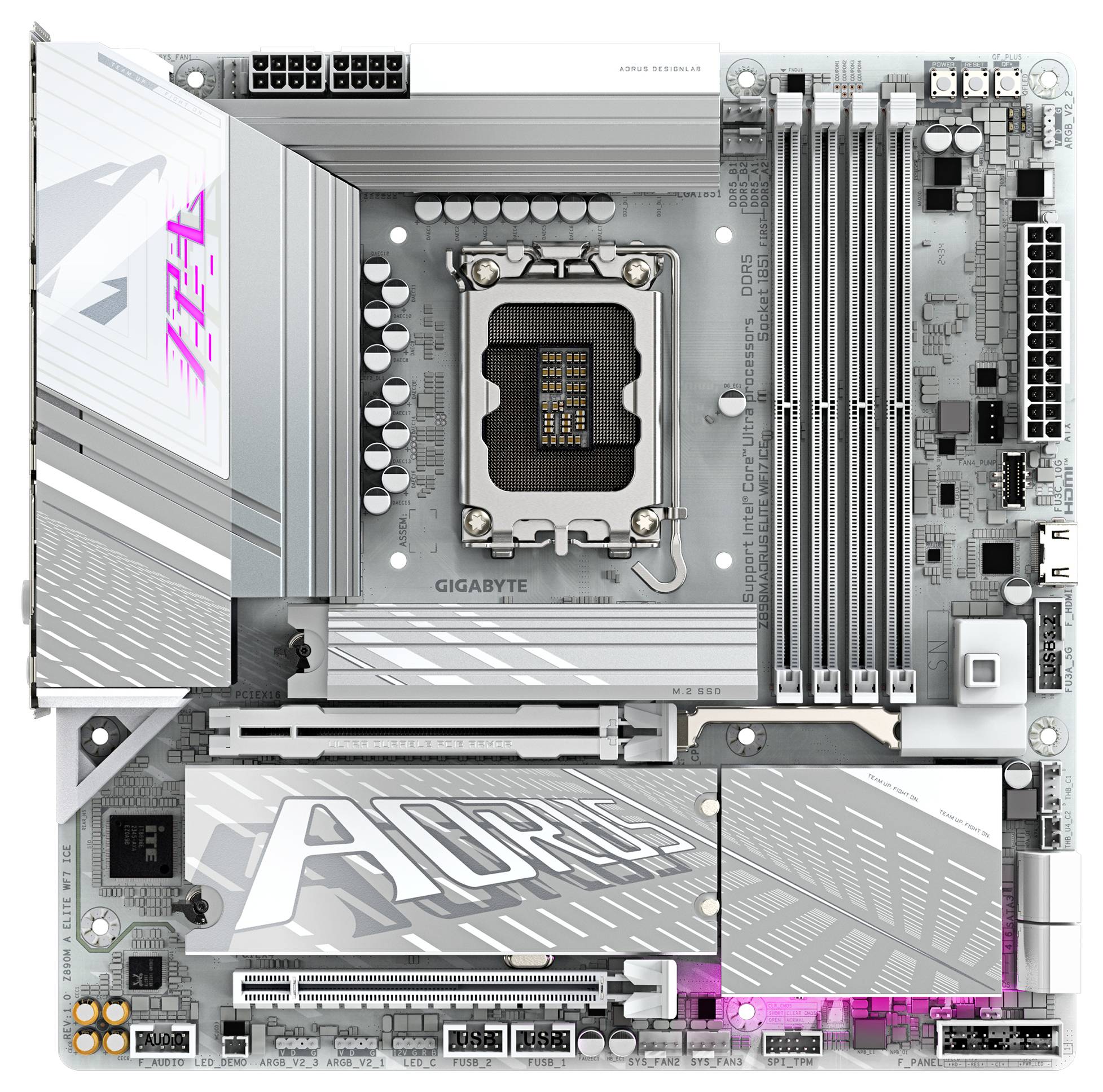 Ein silbernes Motherboard von GIGABYTE mit mehreren Erweiterungsslots und Kühlkörpern. Schriftzug 'AORUS' ist prominent sichtbar.