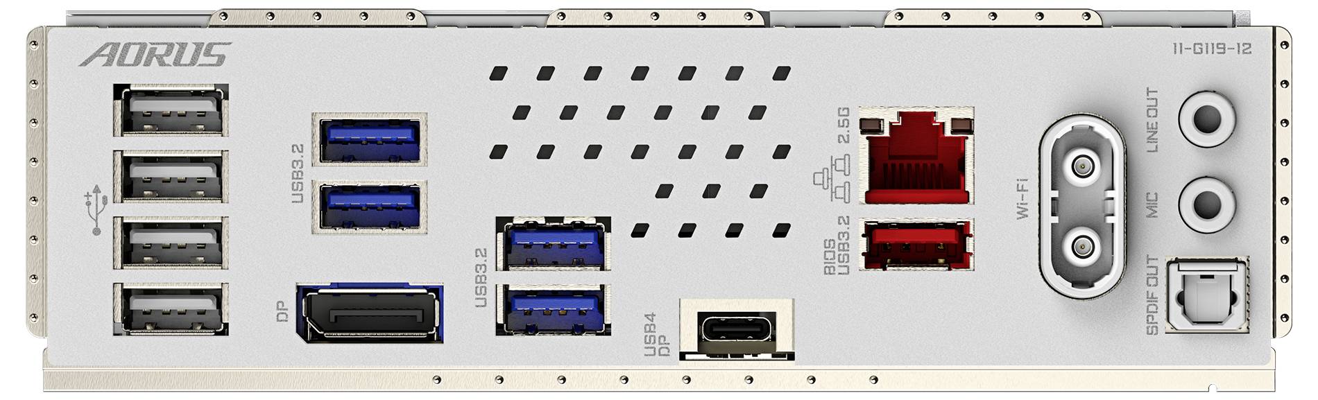 Rückseite eines PC-Motherboards mit mehreren USB-Anschlüssen, HDMI, Ethernet, Audioausgängen und WLAN-Antennenanschlüssen.