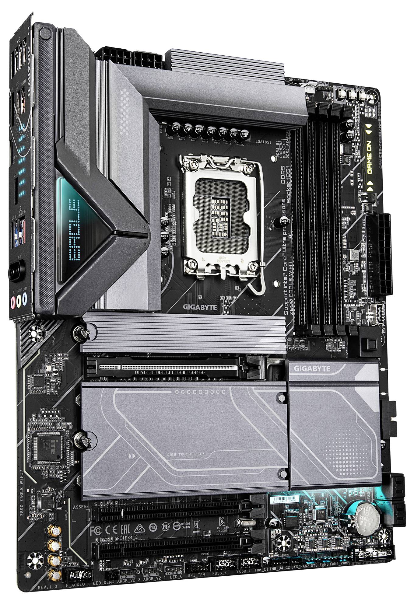 Eine schwarze Computer-Mainboard-Platine mit verschiedenen Anschlüssen, einem zentralen Prozessorsteckplatz und mehreren Speichersockeln.