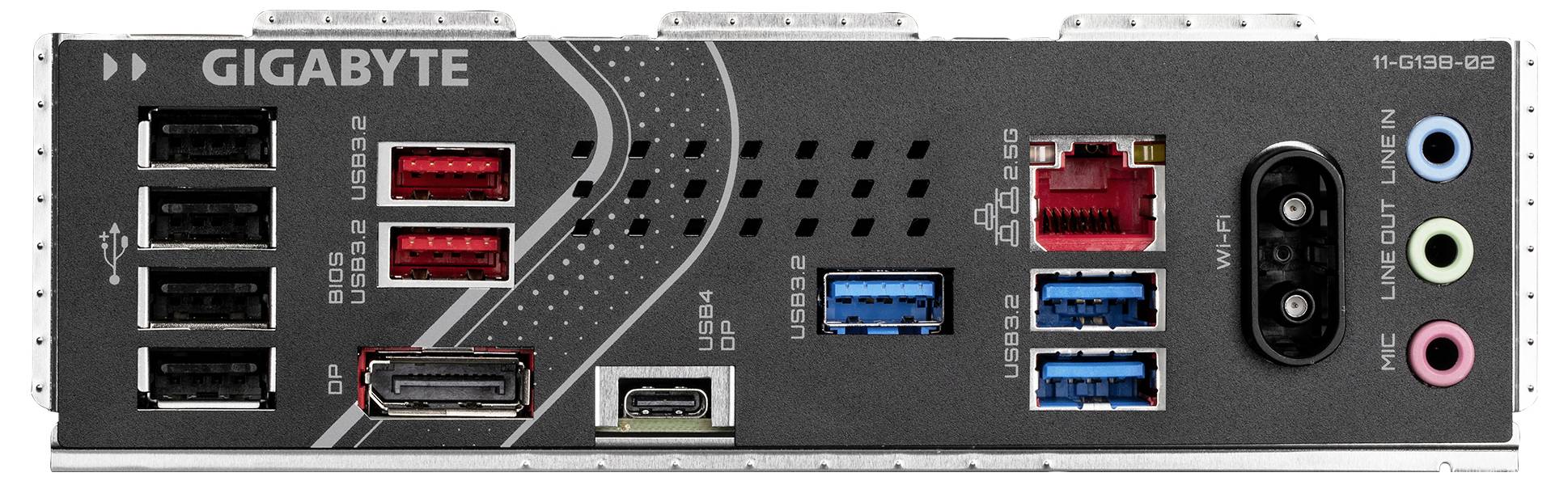 'Motherboard-I/O-Panel mit mehreren USB-Anschlüssen, HDMI, Ethernet, Audioanschlüssen und einem WLAN-Antennenanschluss.'