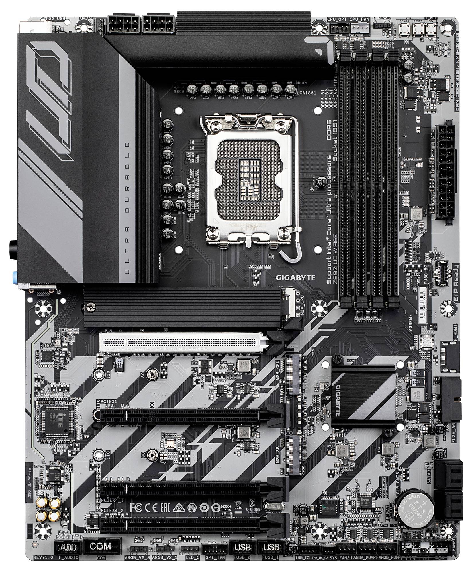 'Gigabyte Mainboard', zeigt ein Computer-Mainboard mit mehreren PCIe-Steckplätzen, RAM-Bänken und einem Prozessor-Sockel in der Mitte.