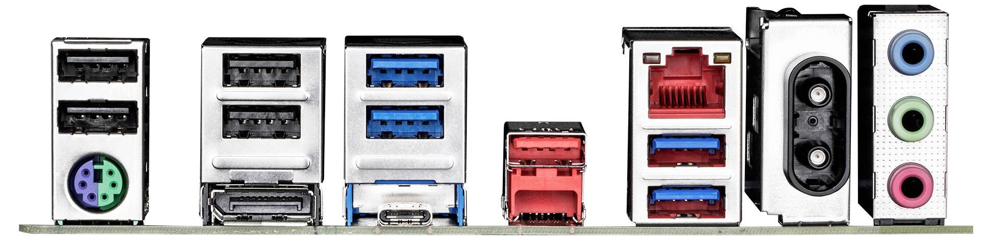 Rückansicht mehrerer Computeranschlüsse, darunter USB, Ethernet, Audioanschlüsse und ein PS/2-Anschluss, auf einer Hauptplatine.