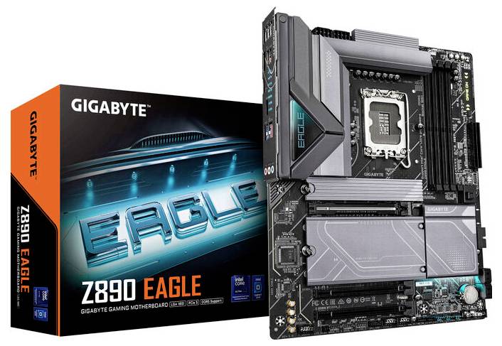 'GIGABYTE Z890 EAGLE' Gaming-Motherboard mit Verpackung, zeigt Design und wichtige Anschlüsse für High-Performance-PCs.