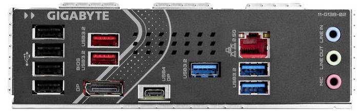 'Rückseite eines Motherboards mit USB 2.0, USB 3.0, HDMI, DisplayPort, Ethernet-Anschluss und Audioanschlüssen in Schwarz.'