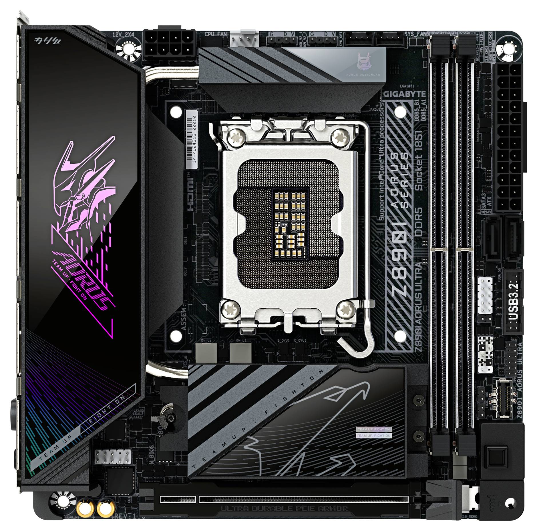 Eine schwarze AORUS-Mainboard-Platine mit CPU-Sockel, RAM-Steckplätzen und USB-Anschlüssen. Markantes Design mit grün-violettem Logo.