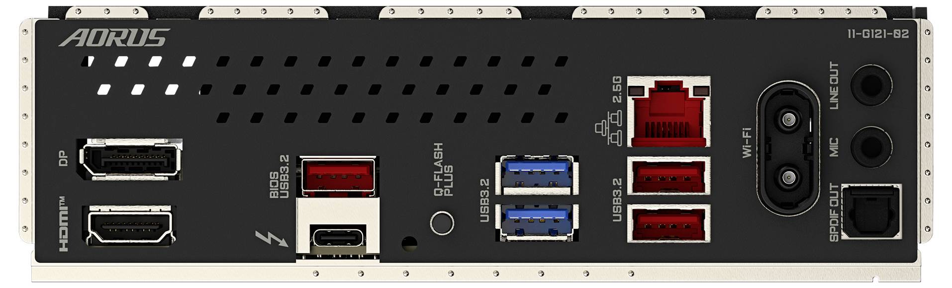 Rückseite eines Mainboards mit Anschlüssen: HDMI, DisplayPort, USB, Ethernet, Audioausgang. Markenname oben links.