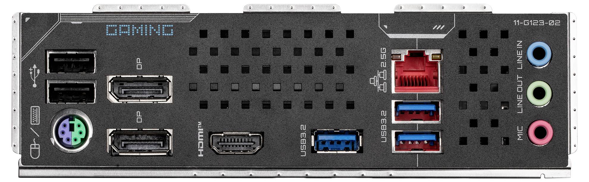 Rückseite eines Computer-Mainboards mit mehreren Anschlüssen: USB-Anschlüsse, HDMI, Ethernet, Audio. Hersteller-Label 'GAMING'.