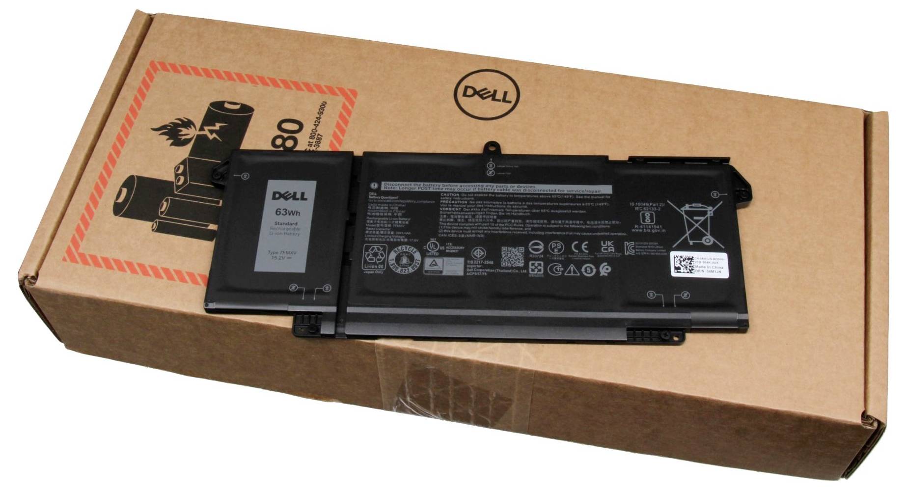 Dell Laptop-Akku auf einem Karton.