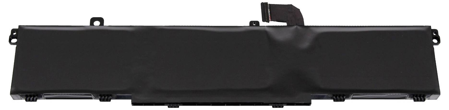 Ein schwarzer Laptop-Akku mit Anschlusskabel, rechteckige Form.