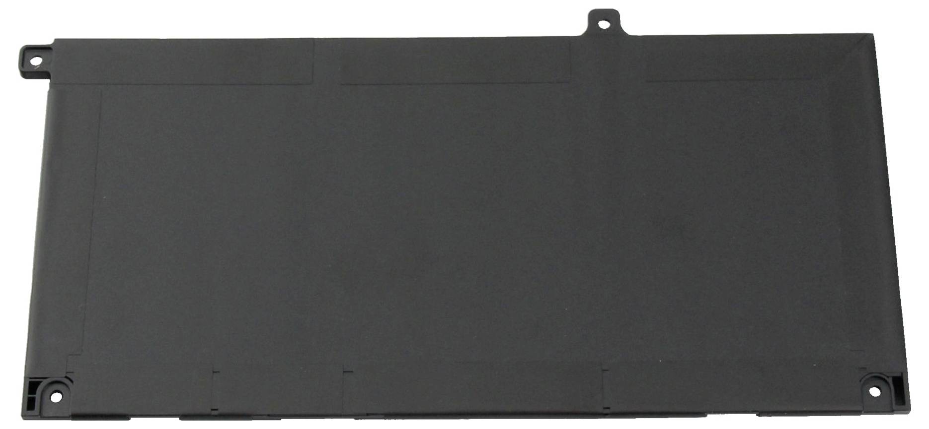 Ein rechteckiger, flacher Laptop-Akku ohne sichtbare Beschriftungen oder Details, auf einer weißen Hintergrundfläche.