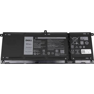 Schwarzer Laptop-Akku von Dell mit 53 Wh Kapazität. Enthält diverse Sicherheitshinweise und Symbole für korrekte Entsorgung.