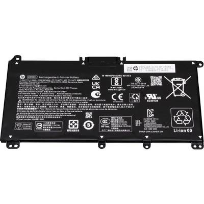 Lithium-Polymer-Akku mit Aufklebern: Herstellerlogos, Kapazität 36Wh, Spannung 11.1V, Sicherheits- und Recyclinghinweise, Modell HP.
