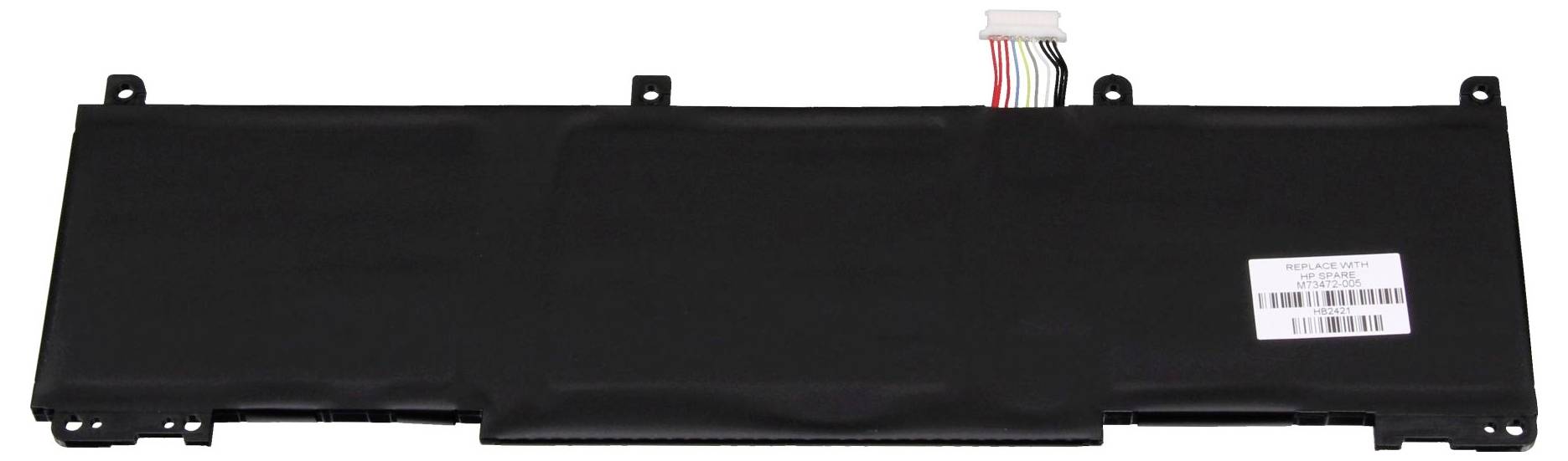 Ein schwarzer, rechteckiger Laptop-Akku mit mehreren Kabeln und einem weißen Stecker, der Betriebsstrom liefert.