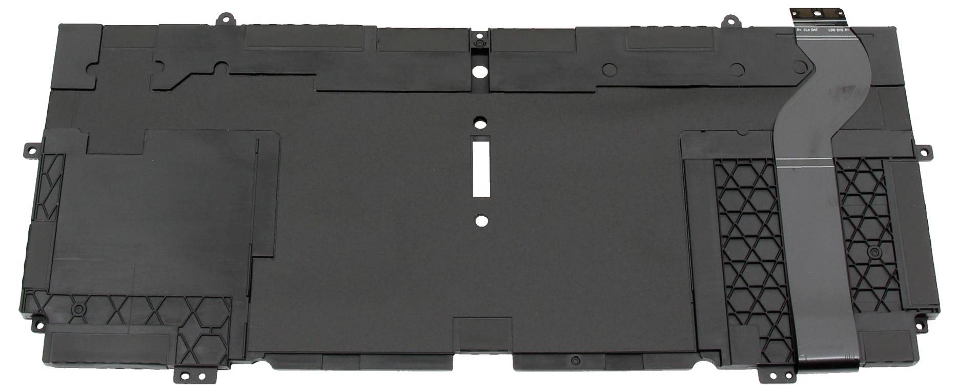 Ein rechteckiges schwarzes Ersatzteil, vermutlich eine Abdeckung oder Komponente für ein elektronisches Gerät, mit einem Flachbandkabel.