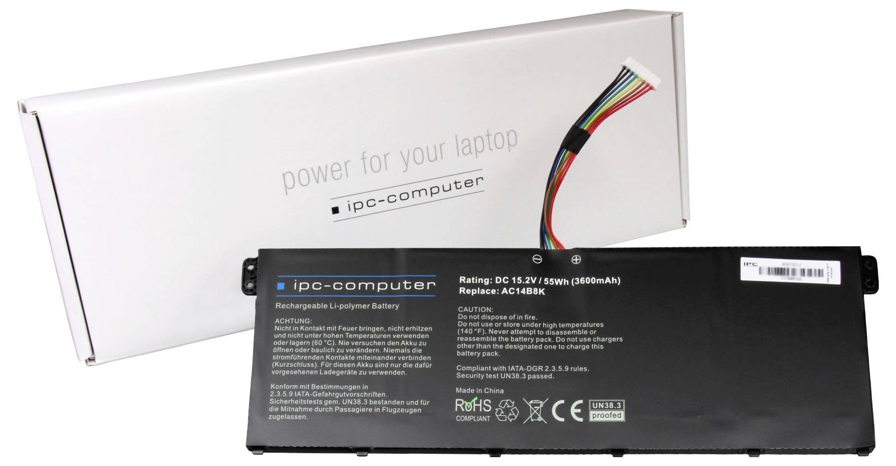 Akkupack mit Kabeln und Karton; Aufschrift 'power for your laptop'. Produkt für den Laptop-Ersatzteilmarkt.