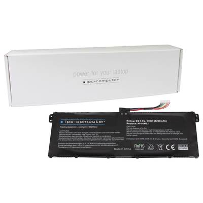 Flacher, schwarzer Laptop-Akku von 'ipc-computer' mit 5200mAh Kapazität. Verpackung im Hintergrund mit Text 'power for your laptop'.