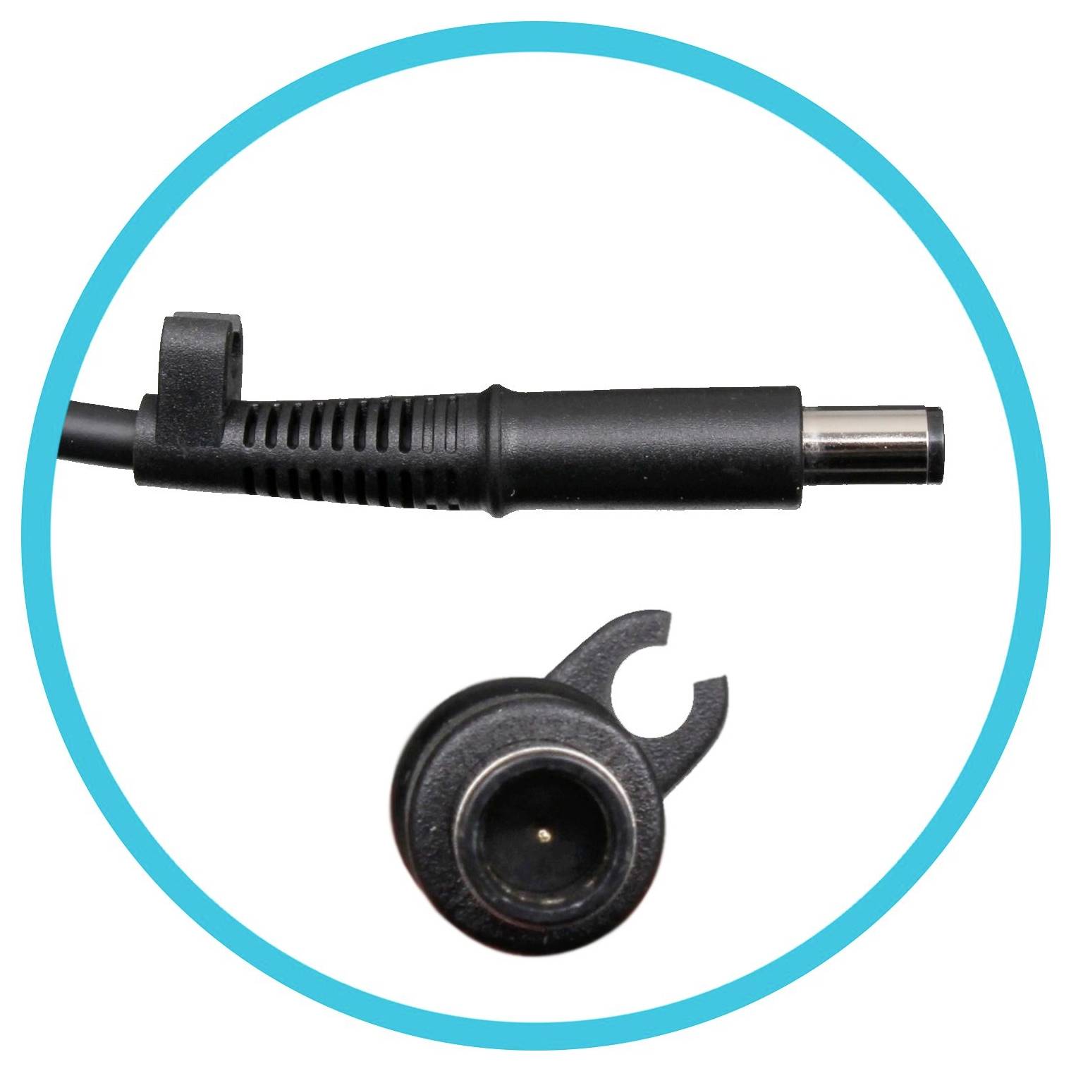 'DC-Anschlusskabel und Stecker' in Nahaufnahme, mit Fokus auf den Metallkontakt.