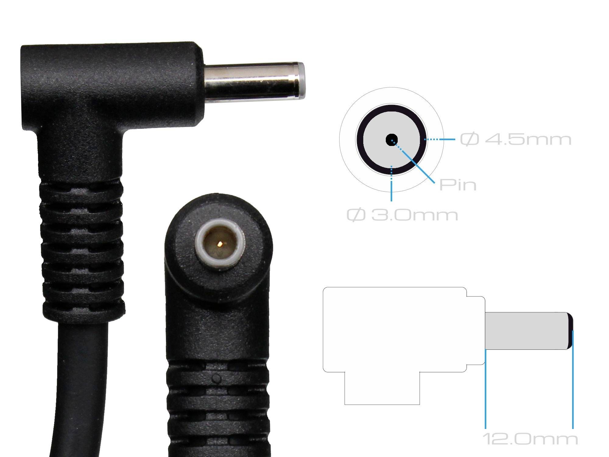 Abgewinkelter DC-Stecker mit Details: Außenmaß 4,5 mm, Innenmaß 3,0 mm und Pin-Durchmesser. Skizze der Abmessungen inklusive Länge von 12,0 mm.