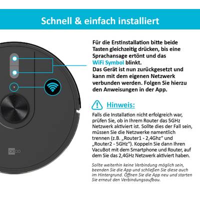 Schwarzer Roboter-Staubsauger mit blinkendem WiFi-Symbol. Textanweisungen zur Installation und Tipps, um Verbindungsprobleme zu lösen.
