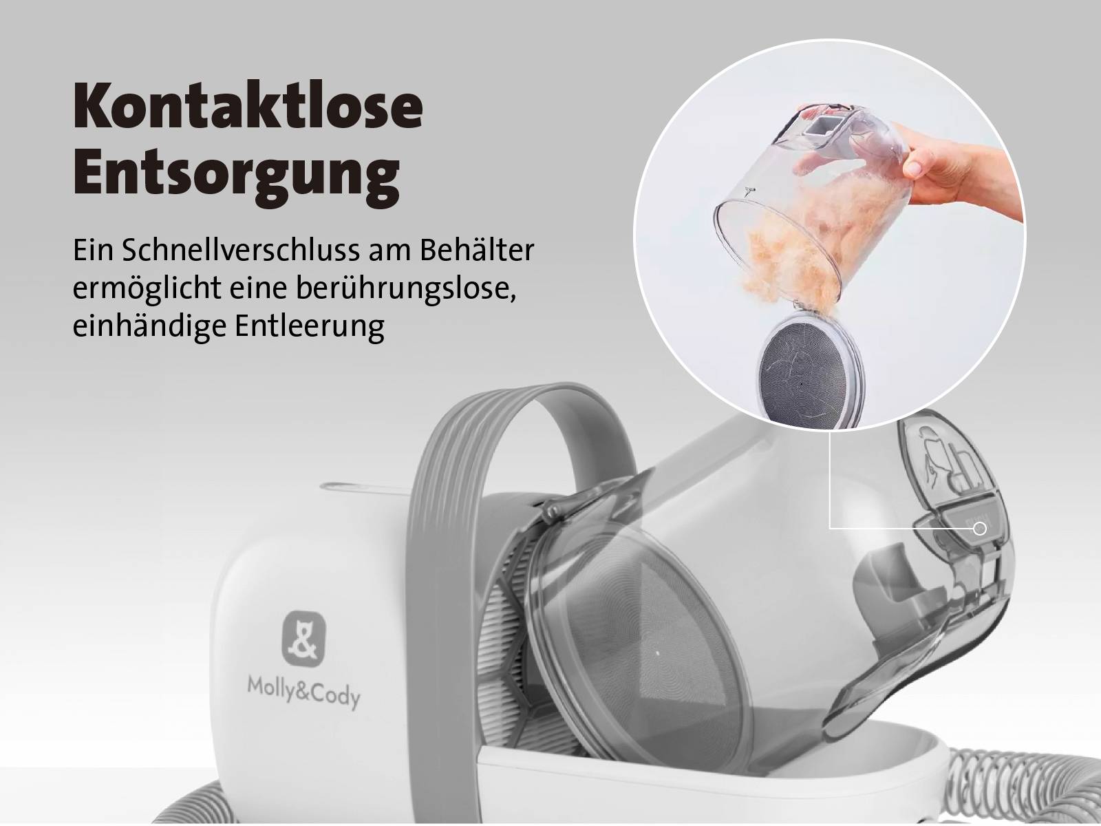 'Kontaktlose Entsorgung. Ein Schnellverschluss am Behälter ermöglicht eine berührungslose, einhändige Entleerung.' Im Bild: Behälter wird entleert.