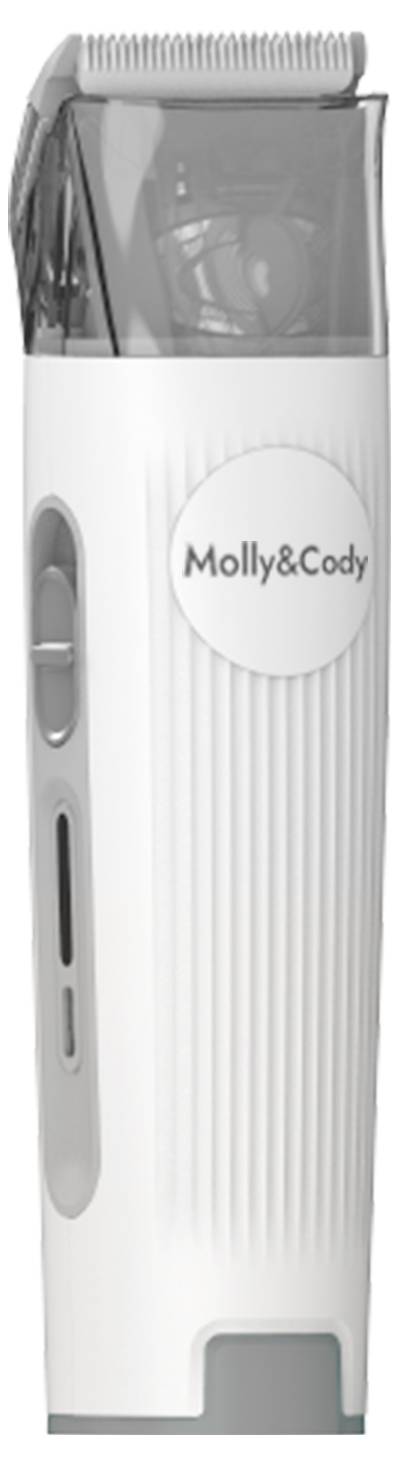 Elektrischer Haarschneider mit grauem Schieberegler, transparentem Kopf und der Aufschrift 'Molly&Cody'.