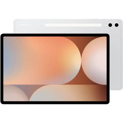 Tablet mit orange-beigem geometrischem Bildschirmhintergrund, Vorder- und Rückseite sichtbar, Marke oben links erkennbar.