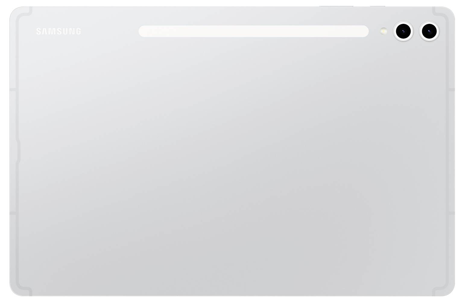 Ein weißes Samsung-Tablet mit zwei Kameralinsen auf der Rückseite.