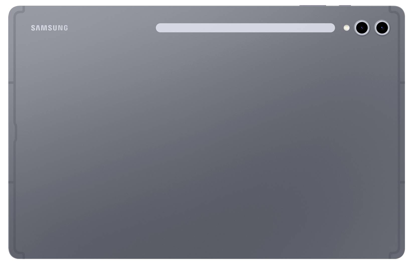 Die Rückseite eines Samsung-Tablets, dunkelgrau, mit zwei Kameralinsen und einem Samsung-Logo oben links.