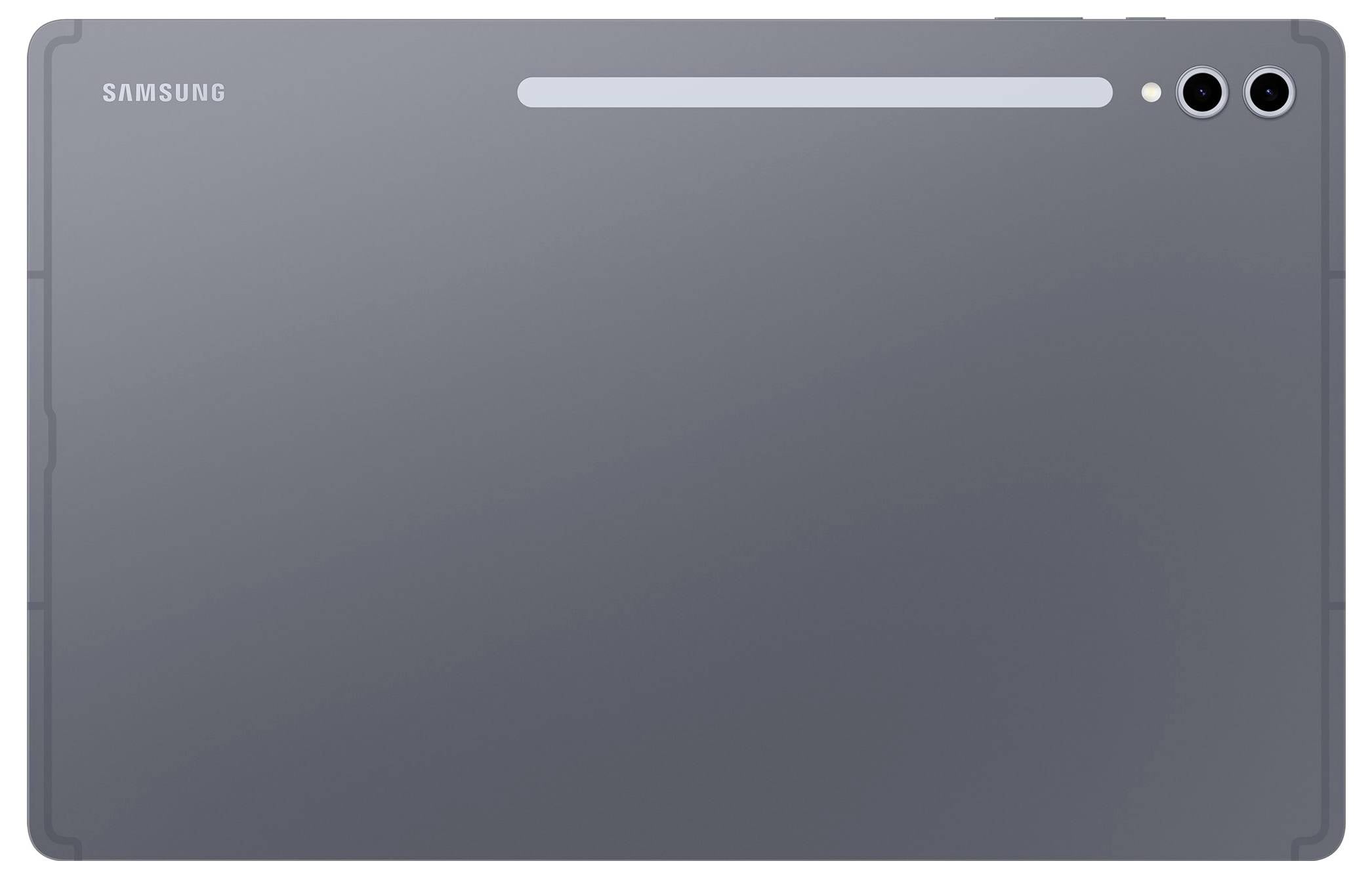 Rückseite eines grauen Samsung Tablets mit zwei Kameras in der oberen Ecke.