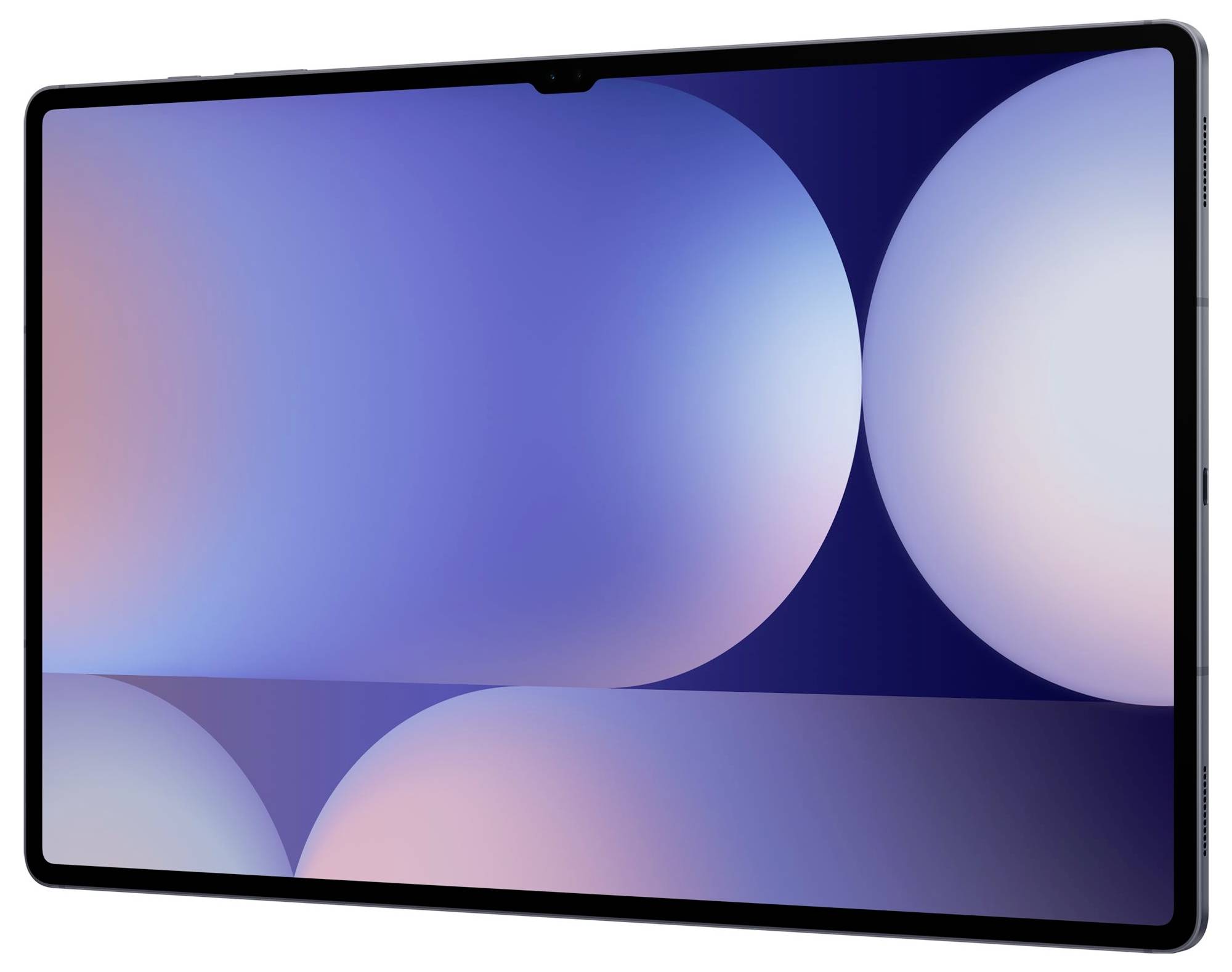 Ein modernes Tablet mit einem minimalistischen, farbenfrohen Bildschirmdesign, das Halbkreise in Blau- und Rosatönen zeigt.