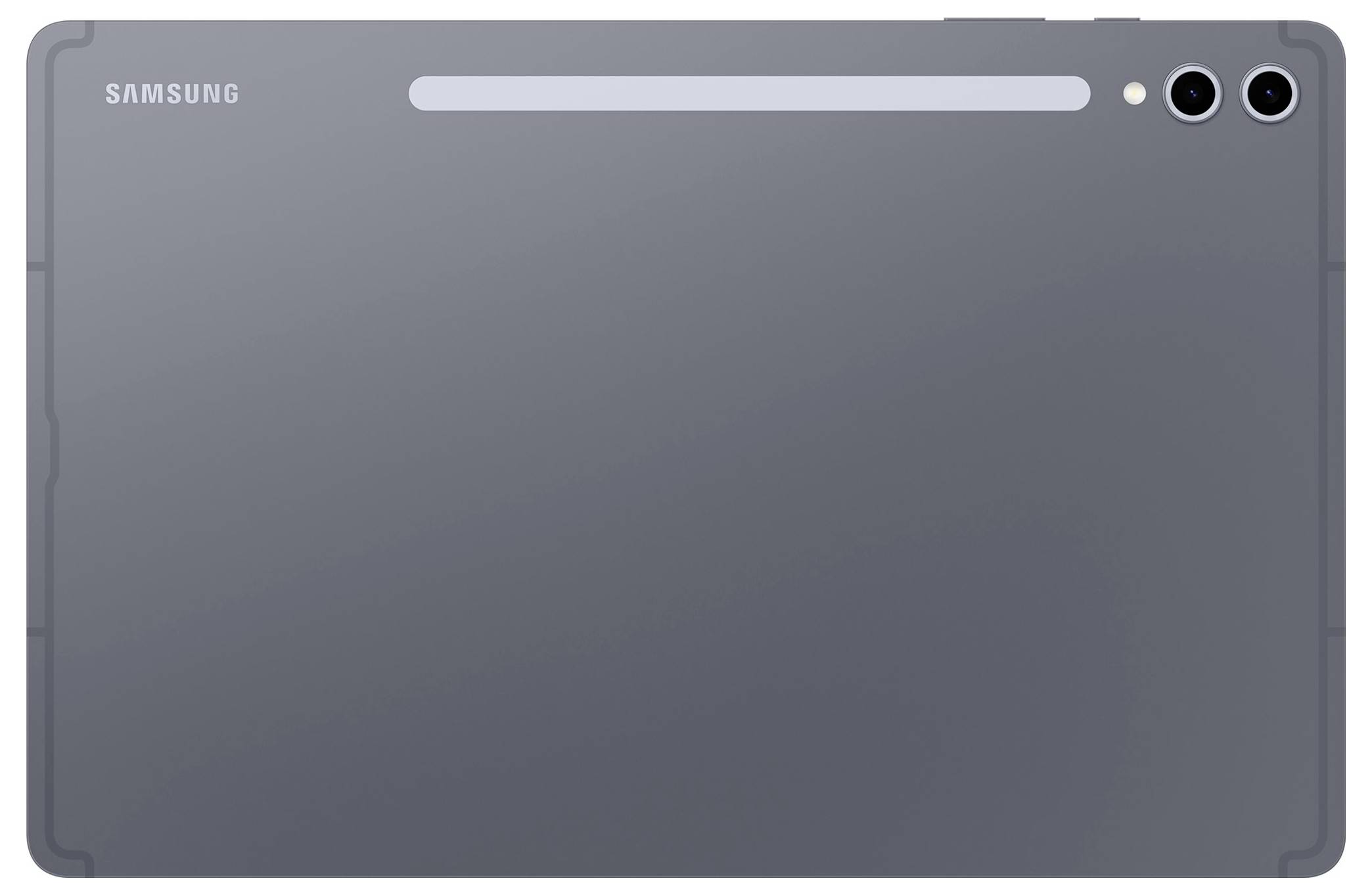Rückansicht eines grauen Samsung-Tablets mit zwei Kameralinsen in der oberen rechten Ecke.
