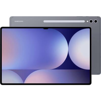 Tablet von Samsung in grauer Farbe mit großem Bildschirm und schmalem Rand. Rückseite zeigt Kameras und Samsung-Logo.