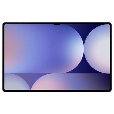 Ein Tablet mit einem abstrakten Hintergrund in Blau- und Lila-Tönen, dargestellt durch Halbkreise und sanfte Farbverläufe.