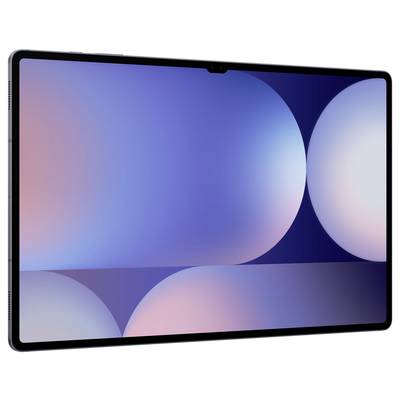 Ein Tablet mit einem abstrakten Bildschirmhintergrund zeigt kreisförmige Muster in Blau- und Rosatönen.