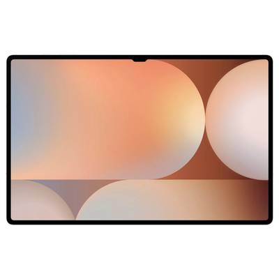 Ein Tablet mit einem warmen, abstrakten Hintergrund zeigt bunte, runde Formen in Orange und Rosa, die ein modernes Design betonen.