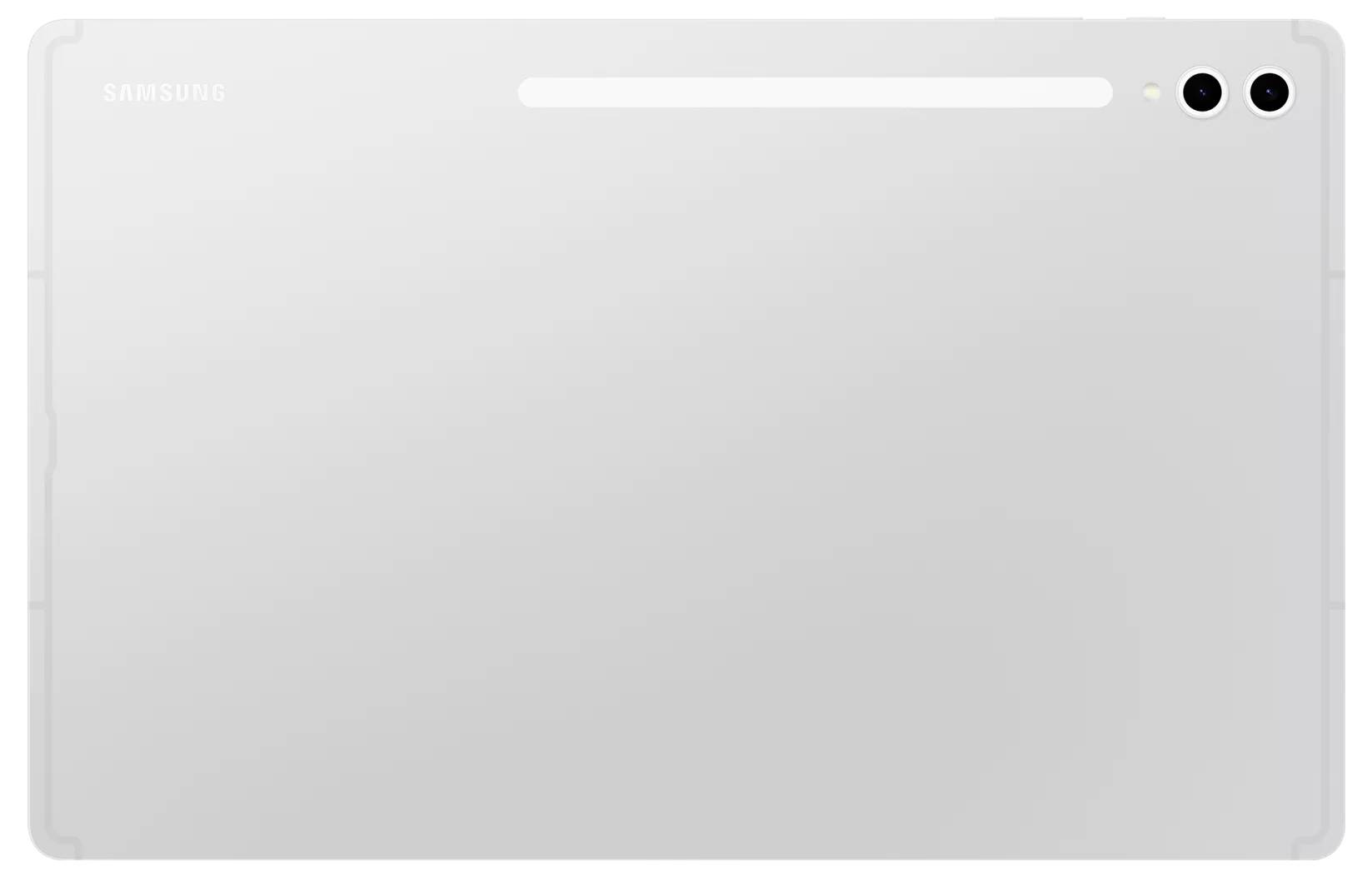 Ein silbernes Tablet in horizontaler Ansicht mit zwei Kameras oben rechts.