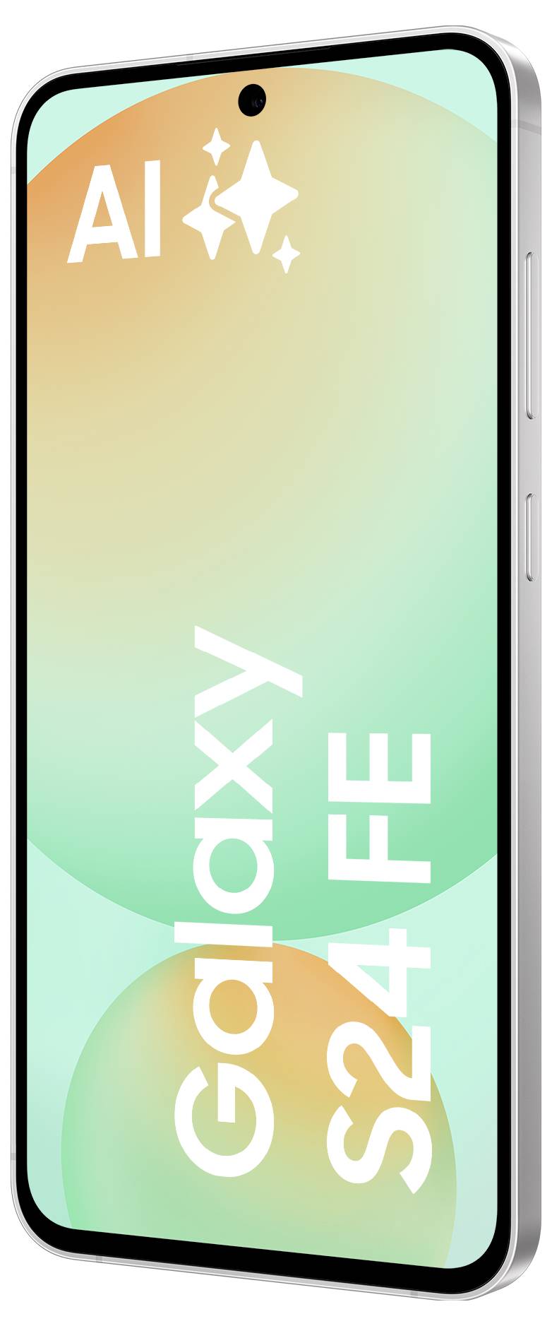 Smartphone seitlich mit Bildschirm, der 'Galaxy S24 FE' zeigt. Hintergrund in Grün-Orange-Verlauf. Oben links 'AI'-Symbol.