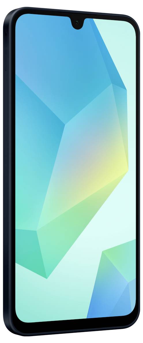 Schwarzes Smartphone mit blau-grünem geometrischem Hintergrund auf dem Bildschirm.