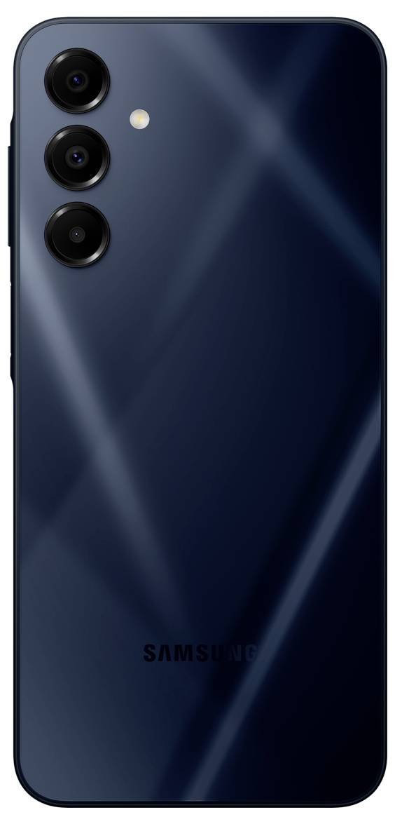 Rückseite eines schwarzen Smartphones mit drei Kameralinsen und einem Blitzlicht auf der linken Seite.