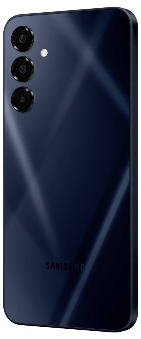 Rückansicht eines dunklen Samsung-Smartphones mit drei Kameralinsen und einem Blitz in der oberen linken Ecke.