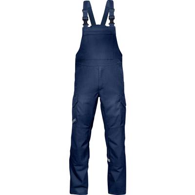 Dunkelblaue Arbeitshose mit Hosenträgern, Taschen seitlich, aus strapazierfähigem Material. Geeignet für handwerkliche Tätigkeiten.