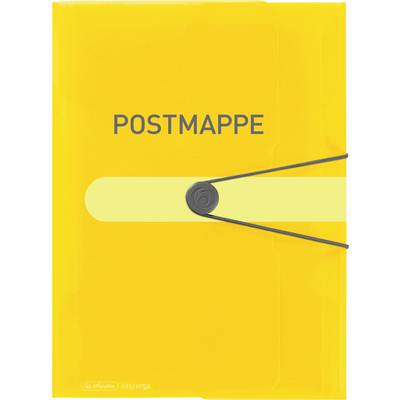 Gelbe Postmappe mit Verschlussband und Aufschrift 'Postmappe' auf dem Deckel, verwendet zur Ablage von Dokumenten.
