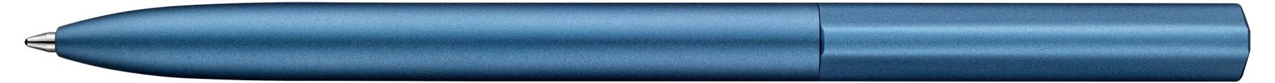 Ein blauer Kugelschreiber liegt waagerecht.