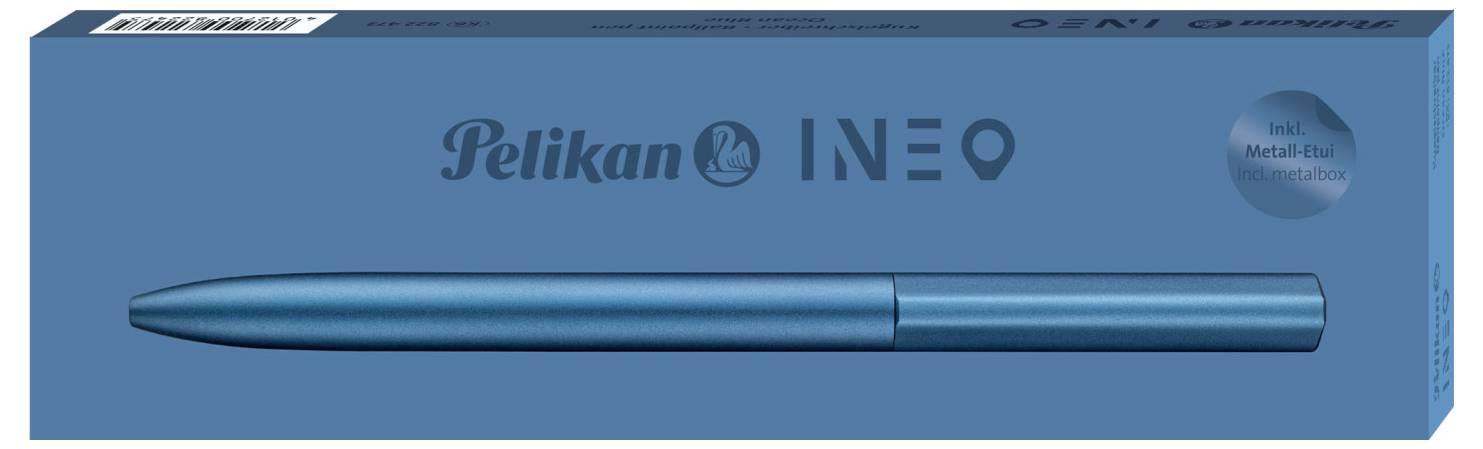 Eine blaue Verpackung mit der Aufschrift 'Pelikan INEO'. Enthält einen schlanken, metallischen blauen Kugelschreiber.