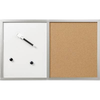 Tafel mit zwei Hälften: links eine magnetische Whiteboard-Fläche mit Stift und Magneten, rechts eine Korkpinnwand.
