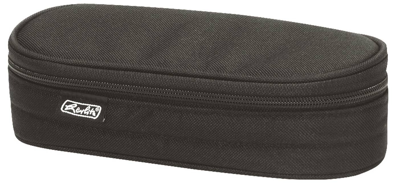 Ein schwarzes, ovales Etui mit Reißverschluss und einem kleinen Markenlogo auf der Vorderseite.