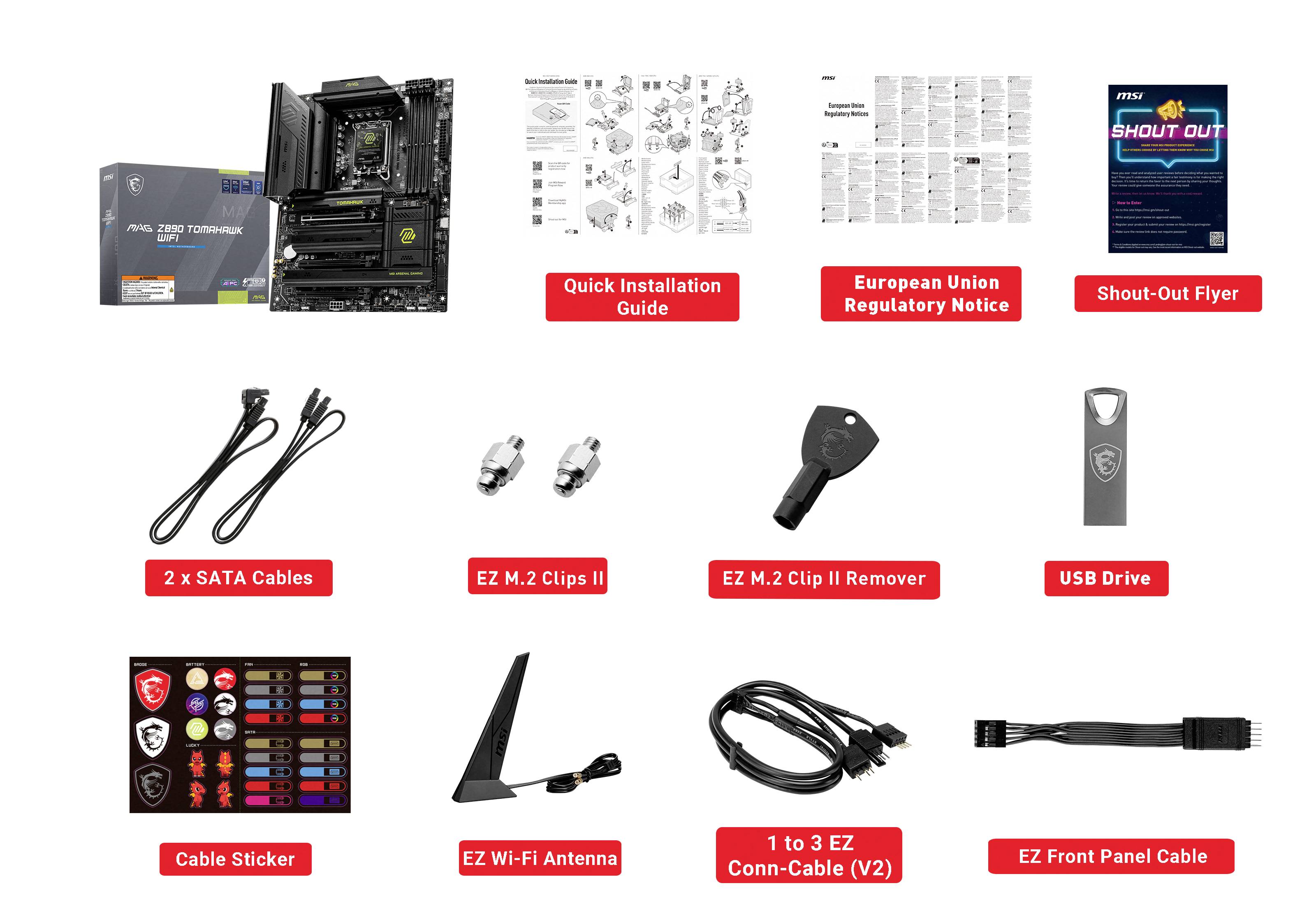 Dieses Bild zeigt den Inhalt eines Computer-Motherboard-Pakets: Mainboard, Anleitungen, Kabel, Antennen, Clips, USB-Stick und Aufkleber.