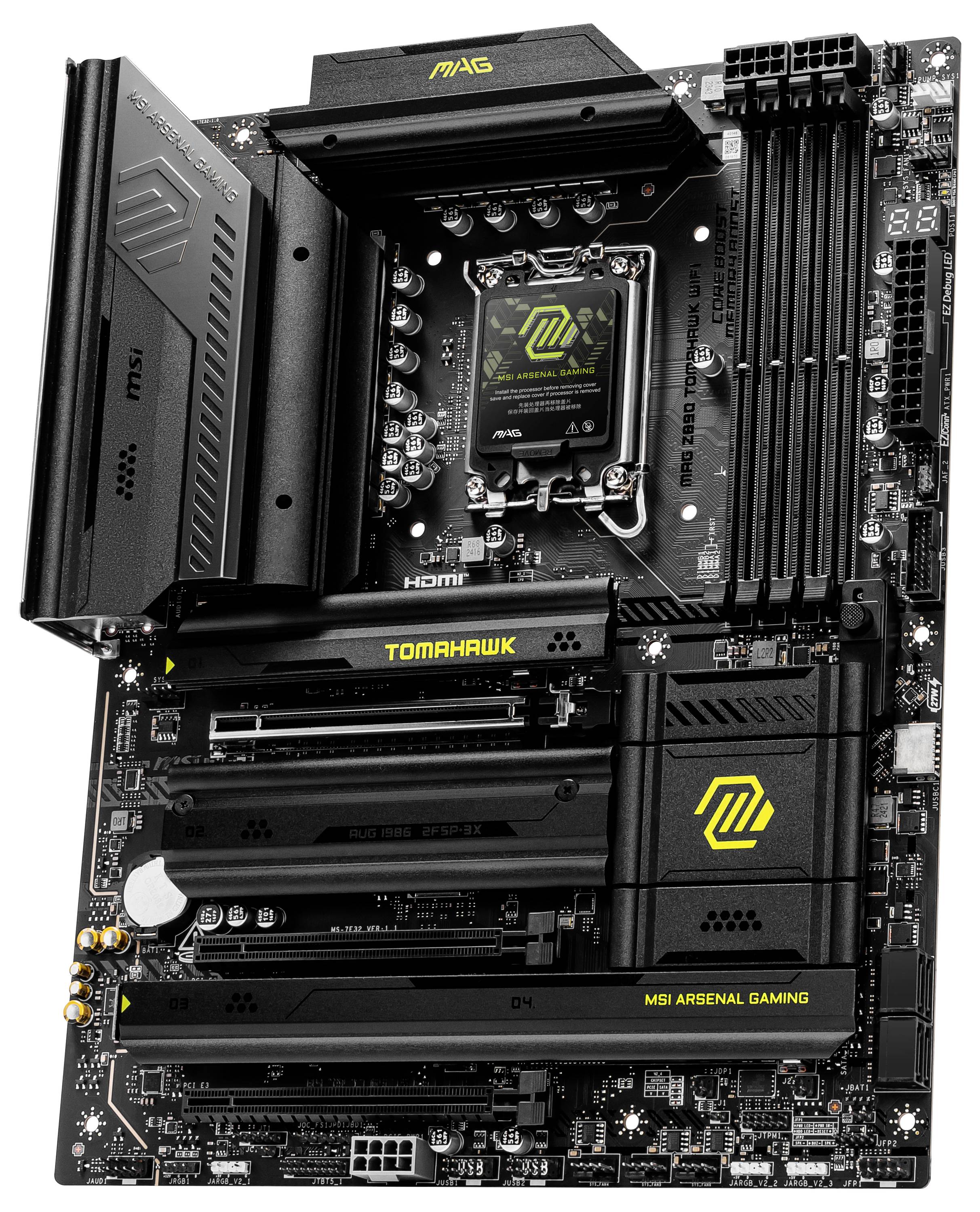 'MSI MAG Z790 TOMAHAWK WIFI' Mainboard mit PCIe-Slots, Kühlungsvorrichtungen und RAM-Bänken, geeignet für leistungsstarke Computer.